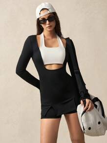 VARSIVA Black & White Patchwork Hollow Out Bell Sleeve Open Slit Tight Fitted Sports Mini Dress - Black and White - View 3