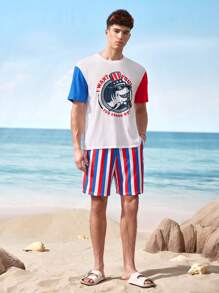 Shark Week X SHEIN Men's Colorblock Letter Print Round Neck Short Sleeve T-Shirt And Striped Print Shorts 2 Pieces Set - Multicolor - View 5