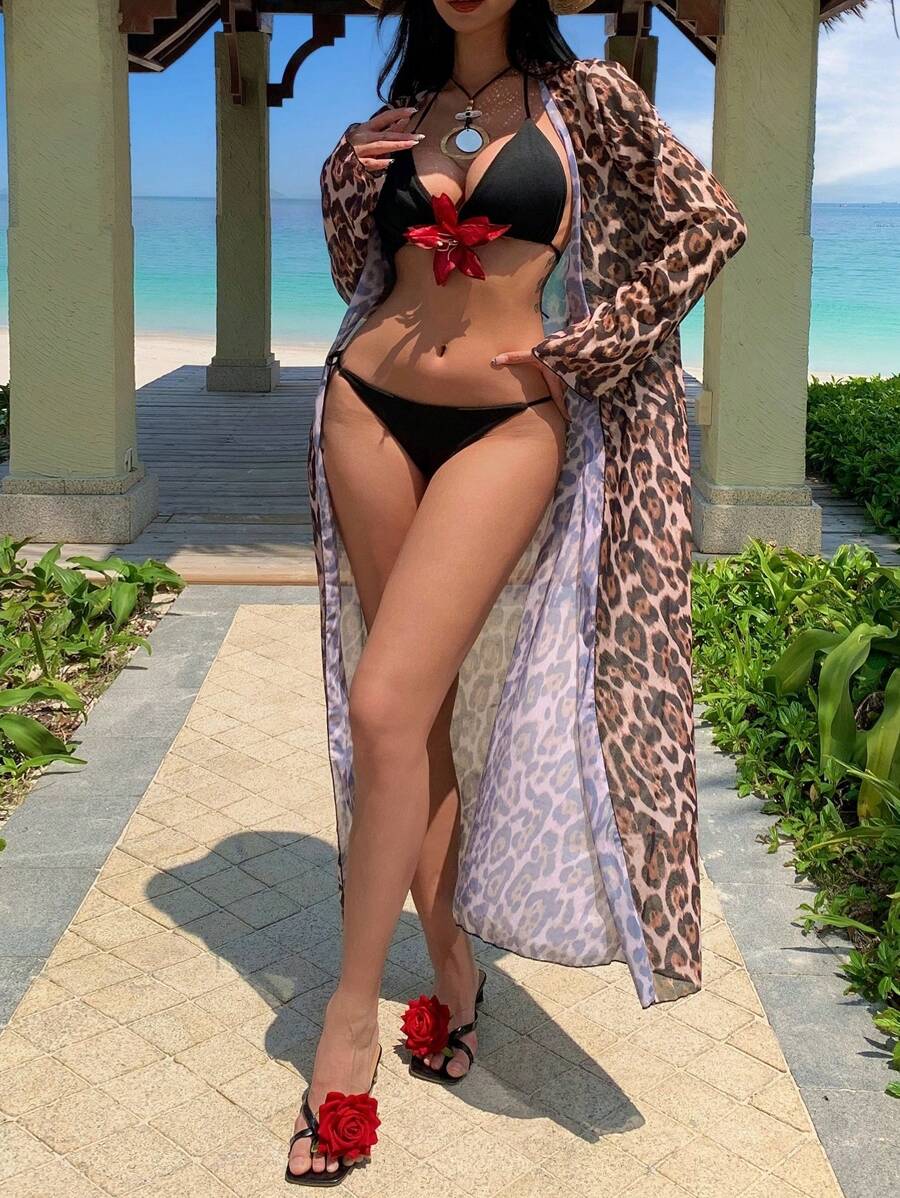 DAZY Women's Sexy Leopard Print Chiffon Cover-Up, Spring/Summer - Brown - View 1