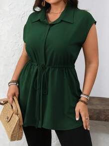 Vionelle Women Plus Size Spring/Summer Commute Casual Vacation Hidden Button Front Cinched Waist Bow Hem Blouse - Dark Green - View 4