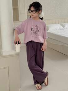 Dazy Kids Bộ 2 chiếc/Bộ áo thun tay ngắn cổ tròn in họa tiết cho bé gái tuổi mới lớn và quần ngủ, mùa xuân/hè, quần áo trở lại trường - Màu tím - Xem 7