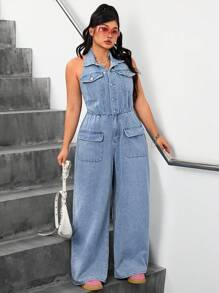 SHEIN ICON Plus Size Sleeveless Light Wash Denim Halter Casual Overalls With Pockets And Shirt Collar - Blue - View 5