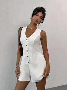 Rafferiza Bộ đồ liền thân chữ A cổ chữ V cạp chun đơn giản cho nữ, phong cách tối giản - trắng - Xem 4