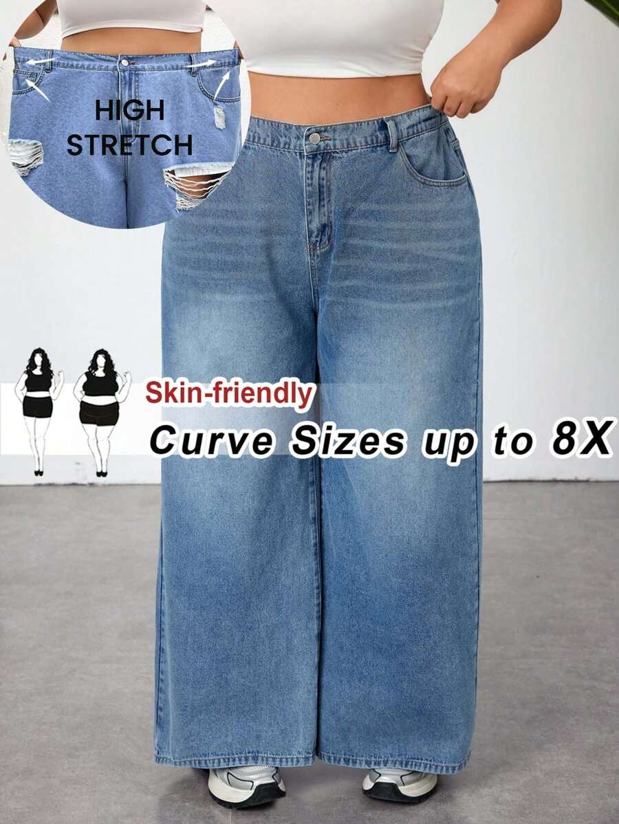 SHEIN CURVE+ Plus Size Heart Pattern Washed Loose Denim Wide Leg Pants, Casual Street Style, Summer, Curve Plus, Boho Vacation