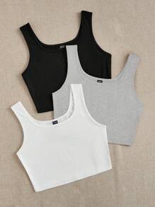 SHEIN EZwear paquete de 3 Camisetas sin mangas ajustadas de talla corta en colores negro, blanco y gris, apropiadas para el verano