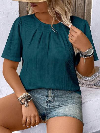 EMERY ROSE Plus Size Vacation Casual Solid Color Textured Puff Sleeve Shirt