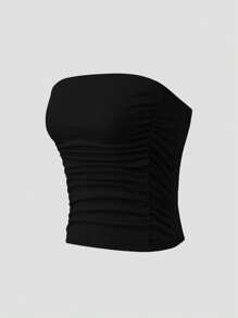 Sweetra Solid Ruched Tube Top Strapless Top - Black - View 6