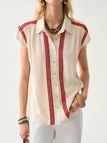 Florisole Women's Elegant Commuter Casual Bohemian Ruffle Patchwork Blouse - Apricot - View 5