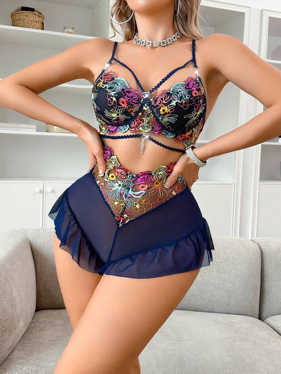 SHEIN 优雅复古彩色刺绣吊带透明网眼荷叶边性感内衣女式连体裤 - 藏蓝色 - 查看 1