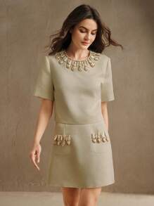 Anewsta 2 pezzi/set Top a maniche corte con collo rotondo ed elegante minigonna in stile urbano, con ricami di perline fatti a mano, completo primavera/estate per donne