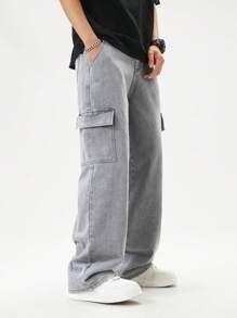 SHEIN Teen Boys' Casual Straight-Leg Light Grey Denim Jeans