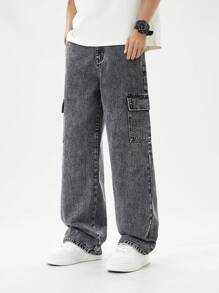 SHEIN Teen Boys' Solid Color Multiple Pockets Outdoor Casual Cargo Jeans Summer Holiday - Grey - View 4