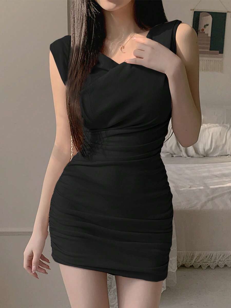 DAZY Women Solid Ruched Sleeveless Mini Wrap Dress ,Bodycon Dress - Black - View 1