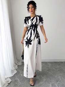 Elenzga 优雅印花圆领泡泡袖束腰连衣裙 - 白色 - 查看 1