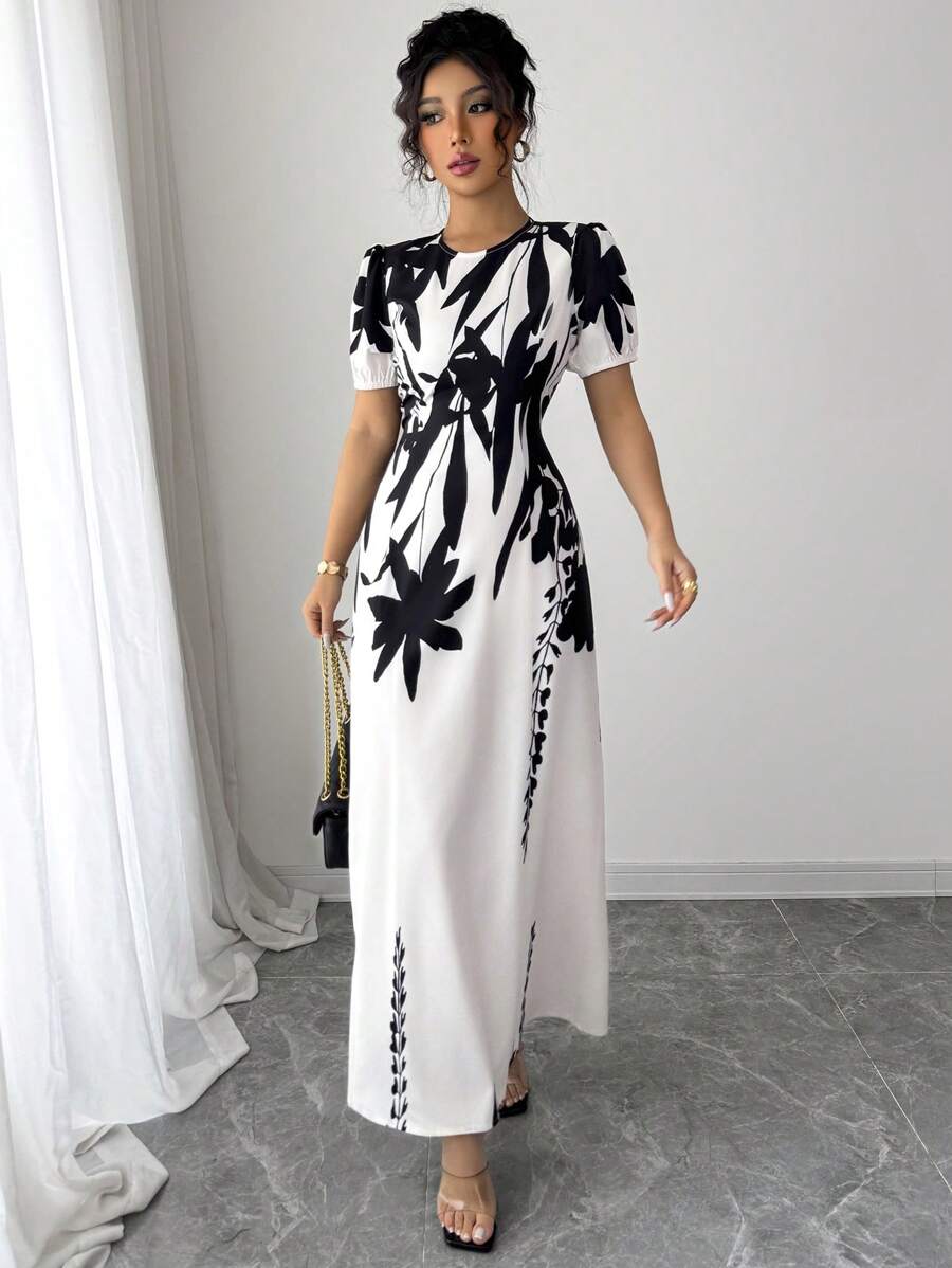 Elenzga 优雅印花圆领泡泡袖束腰连衣裙 - 白色 - 查看 1