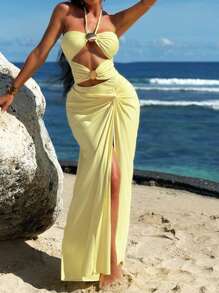 Swim Oasis 2pcs/Set Women's High-End Fashion Metallic Shell Decor Twist Front Hollow Out Halter Neck Sleeveless Beach Skirt And Swimsuit Set For Summer Beach Vacation