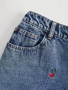 SHEIN MOD Women's Plus Size Dark Wash Denim Extra Long Jeans With Cherry Embroidery And Zipper Detail - Dark Wash - View 6