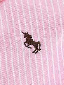 SHEIN Playful Pals 年轻女孩休闲校园风格刺绣条纹泡泡短袖衬衫裙，适合春夏季户外、校园和日常穿着 - 粉色 - 查看 5