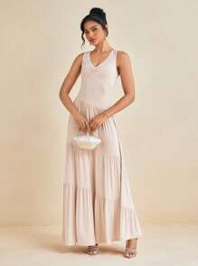 Amiko Light Brown Spring And Summer Deep V Pleated Asymmetric Bohemian Maxi Dress - Khaki - View 7