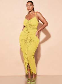 SHEIN BAE Plus Size Women Sweetheart Neckline Ruched Sexy Elegant Ruffled Front Long Dress,Birthday Dresses For Women - Yellow - View 1