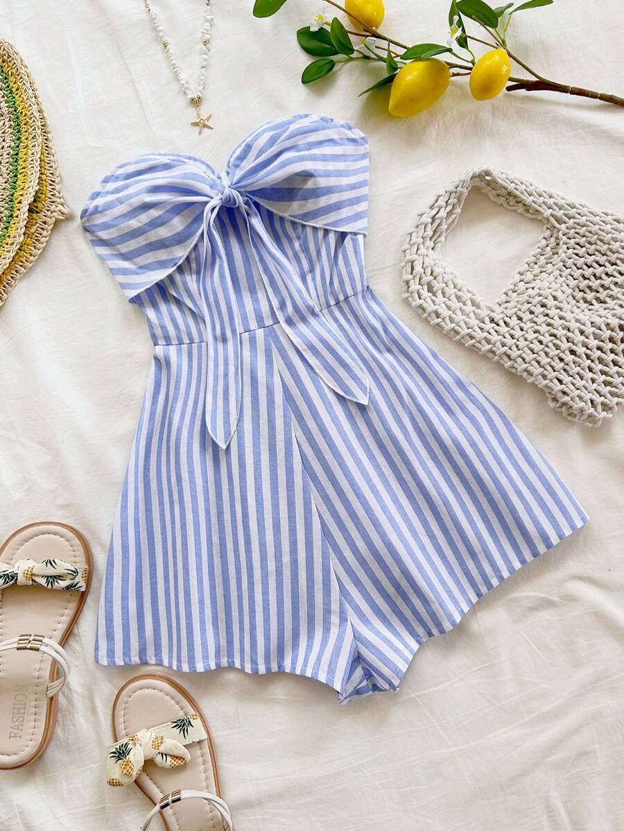 Soleia Women's Holiday Cruise/Beach Vacation Striped Sleeveless Shirred Front Loose Romper, Suitable For Party, Date, Afternoon Tea, Spring/Summer - Blue and White - View 1