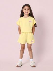 SUMWON Malibu California Dreaming Summer Beach Athletic Leisure Co-Ord Set Short Sleeve Crop Top With Shorts Casual Two Piece Outfit Urban Street Style Wear - Yellow - View 2