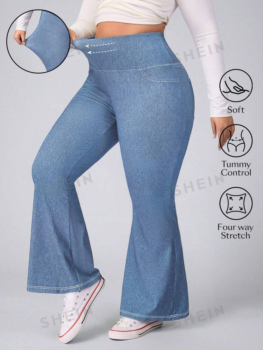 SHEIN Essnce Jeans informales de pierna campana y cintura alta en talla grande lavados
