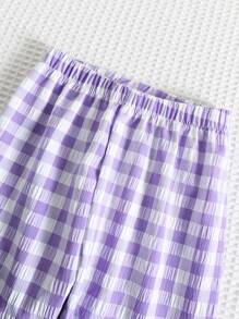 SHEIN Bộ áo không tay kẻ caro nơ viền nông thôn cho bé gái và quần ống loe - Màu tím - Xem 5