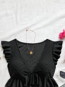 Soleia Eyelet Embroidery Ruffle Trim Crop Top - Black - View 4