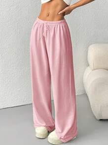 SHEIN EZwear 大码粉色低腰抽绳宽松直筒运动裤 - 粉色 - 查看 5