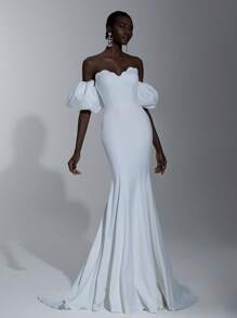 Elitara 优雅简约可拆卸荷叶边袖子和下摆美人鱼风格礼服，适合婚礼、典礼、新娘 - 白色 - 查看 6