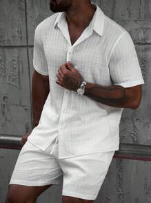 Manfinity Homme 2 件男士纯色短袖单排扣衬衫和短裤套装，休闲男士夏季服装男士衬衫套装男士衣服男士衬衫套装男士短裤套装男士衬衫套装