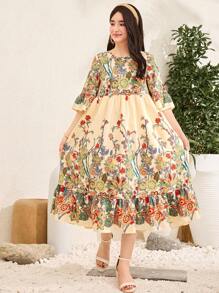 SHEIN Teen Girl Woven Print Shift Dress - Apricot - View 1