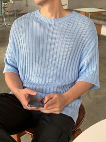 Manfinity CasualKnits Men's Solid Color Knitted Crew Neck Short Sleeve Top, Fashionable For Summer - Blue - View 6