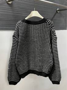 INAWLY 女式秋冬条纹 V 领落肩长袖单排扣休闲开衫 - 黑色 - 查看 2