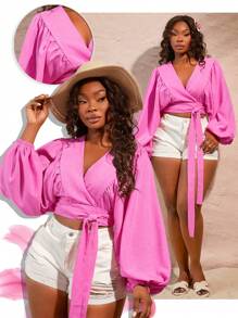 SHEIN SXY Plus Size Women's Plus Size Lantern Sleeve Shirt Dress, Linen-Like Fabric, Kimono Style Tie-Front Design, Suitable For Everyday Wear, Music Festival, Concert, Carnival Party, Beach Vacation, Date Night, Birthday, Bachelorette Party, Club, Cute, Casual, Shopping, Streetwear, Going Out, Accent Your Body, Flatter The Figure - Pink - View 1
