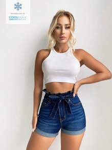 SHEIN Frenchy Casual Paper Bag Waist Roll Up Hem Slim Fit Denim Shorts, Summer - Dark Wash - View 7