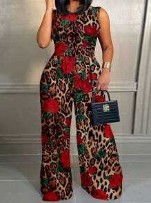 Slaydiva 大码时尚豹纹和花朵印花无袖连体裤，适合夏季 - 紅色 - 查看 6