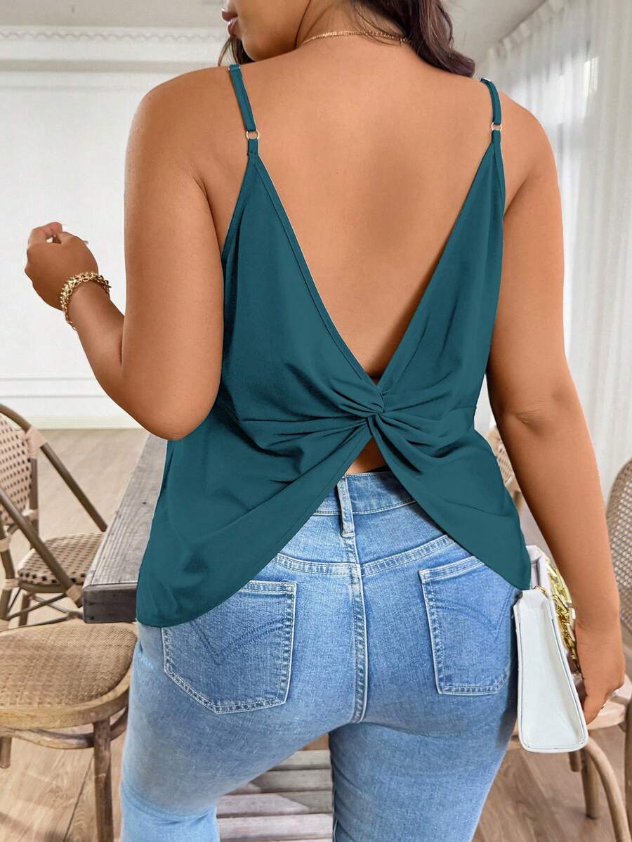 EMERY ROSE Plus Size Women Solid Color Back Twist Spaghetti Strap Tank Top - Teal Blue - View 1