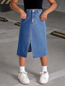 SHEIN Tween Girl'' Casual Denim Skirt With Front Slit, Fashionable And Versatile Fall Winter