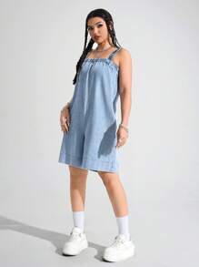 SHEIN EZwear Women's Denim Sleeveless Jumpsuit, Solid Color, Fashion Style Suitable For Summer Romper - Light Wash - View 4