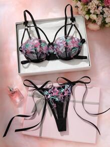SHEIN 2pcs Women Lace Trim Embroidery Sexy Lingerie Set - Black - View 5