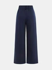 SHEIN Girlism Tween Girls' Loose Mid-Rise Versatile Elegant Belted Wide Leg Pants - Navy Blue - View 6