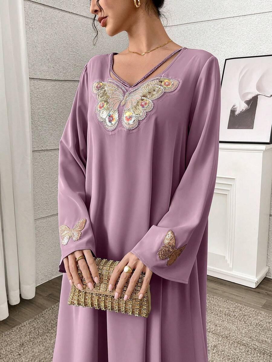 Yasmyna 女士阿拉伯风格长袖连衣裙，夏季时尚，端庄大方 - 藕粉色 - 查看 1