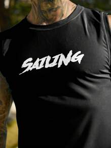 Manfinity Swimmode 2pcs Men Summer Holiday Letter Print Tank Top And Shorts Swimming Trunks Set,Hawaiian - Black and White - View 4