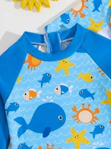 Neonato Costume da bagno una pezza con stampa di animali cartoni animati e colore a contrasto, manica lunga, con cappello incluso