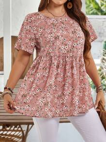 EMERY ROSE Plus Size Floral Print Round Neck Short Sleeve Casual Dressy Shirt, Suitable For Summer - Multicolor - View 4