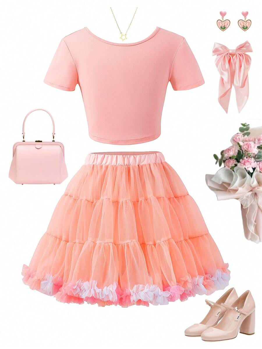 2pcs/Set Tween Girls Tutu Mesh Skirt And Cross Back Short Sleeve T-Shirt, Ballet Style, Spring/Summer - Pink - View 1