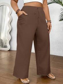Calvaya Plus Size Casual Versatile Solid Color Straight Leg Pants Fall Cloth For Women - Coffee Brown - View 4
