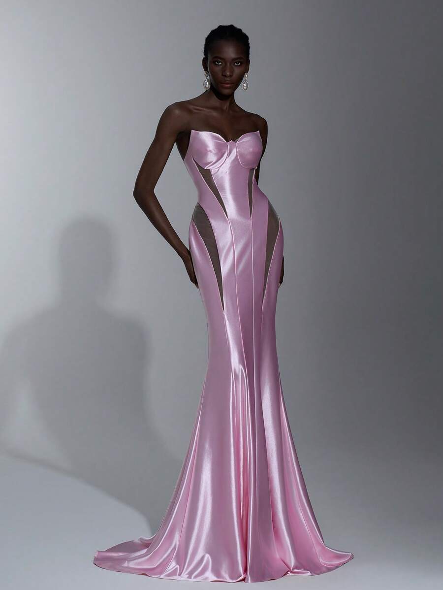 Elitara Elegant And Gorgeous Pink Luxurious Thickened Satin Special-Shaped Silhouette Sexy Hollow Perspective Design Fishtail Skirt With A Trailing Hem Suitable For Dating Graduation Ceremony Bachelorette Party Formal Occasion Dinner Dress (Heavy Model) - Pink - View 1